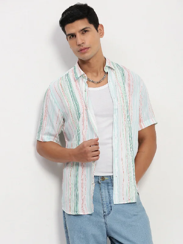 Men's Embroidered Detail Casual Shirts in Beige for a Touch of EleganceMen White Striped Slim Fit Shirt