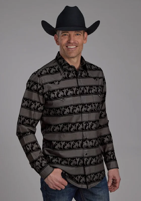 Men's Distressed Denim Casual Shirts with Frayed Edges for a Trendy and Rugged LookRoper Mens Horizontal Rodeo Stripe Black 100% Cotton L/S Shirt