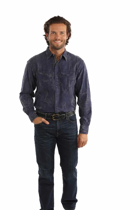 Men's Wrinkle - Resistant Polyester Blend Casual Shirts for Easy Travel and MaintenanceScully Mens Overdyed Crackwash Dark Blue 100% Cotton L/S Shirt