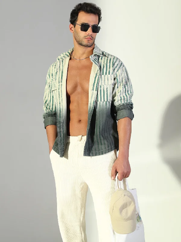 Men's Embroidered Detail Casual Shirts in Beige for a Touch of EleganceMen Striped Green Shacket