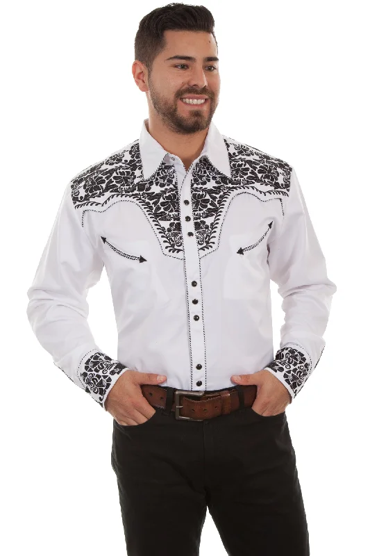 Men's Stretch - Fabric Casual Shirts in Navy Blue for a Comfortable and Flexible FitScully Mens White/Black Poly/Rayon Tooled Floral L/S Shirt M