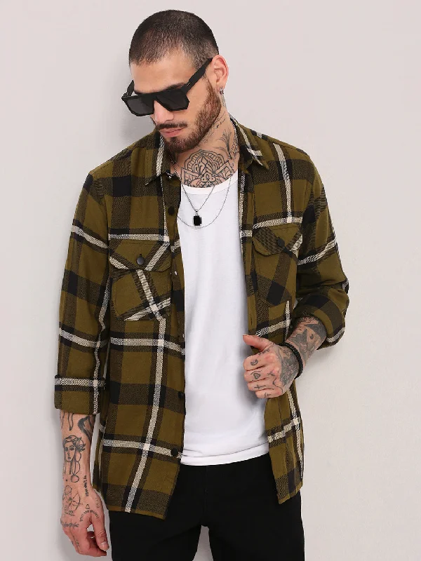 Men's Button - Down Oxford Casual Shirts in Crisp White for a Classic and Versatile StyleMen Green Checked Shacket