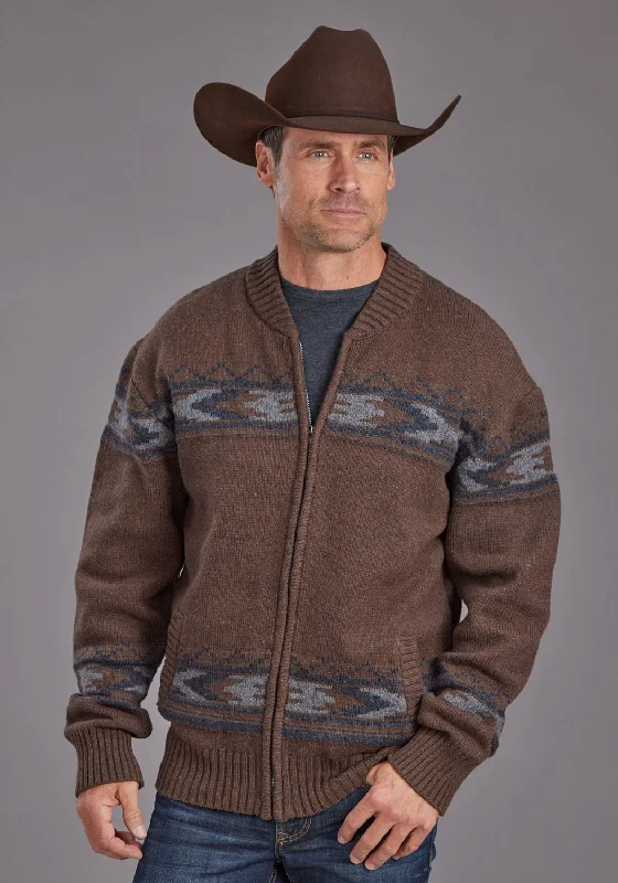 Men's Wrinkle - Resistant Polyester Blend Casual Shirts for Easy Travel and MaintenanceStetson Mens Thunderbird Border Brown Cotton Blend Cardigan Sweater