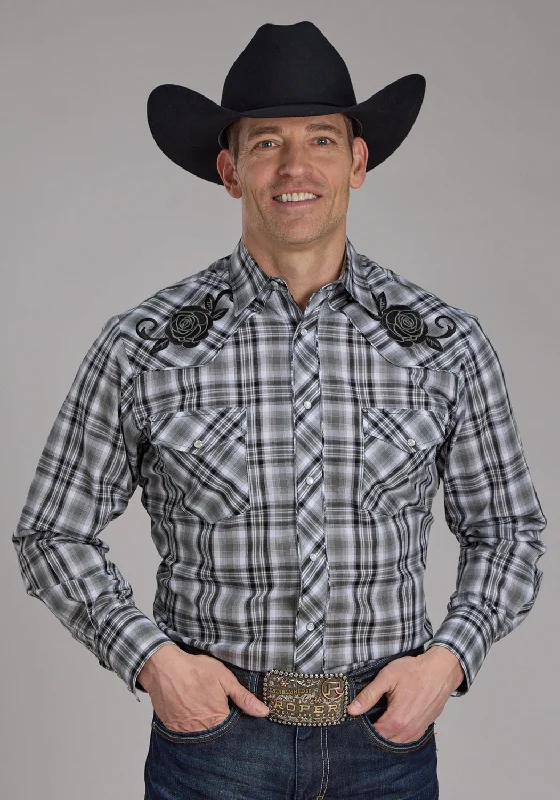 Men's Moisture - Wicking Performance Fabric Casual Shirts for Outdoor ActivitiesRoper Mens 2126 Plaid Rose Grey/Black Cotton Blend L/S Shirt