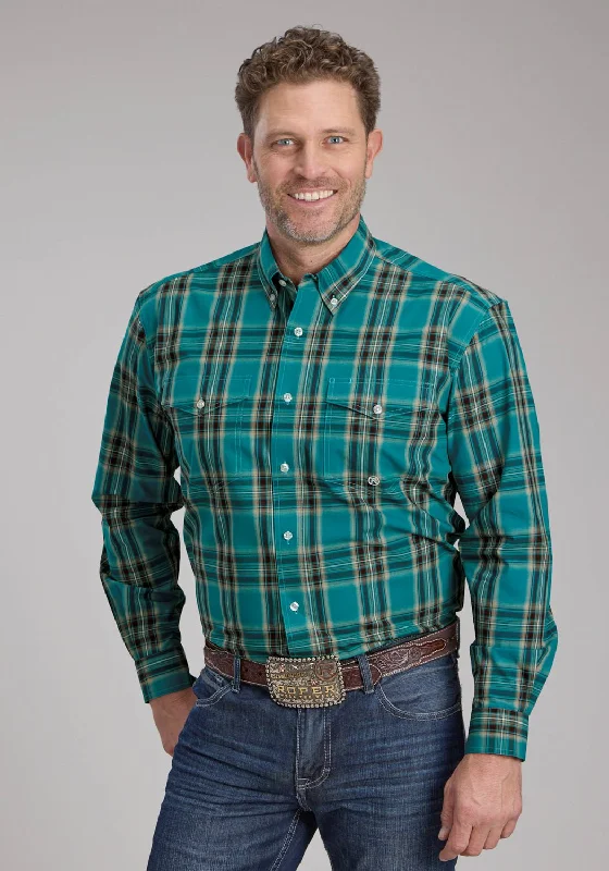 Men's Two - Tone Contrast Panel Casual Shirts in White and Navy for a Stylish and Eye - Catching DesignRoper Mens 2246 Real Plaid Teal 100% Cotton Btn L/S Shirt