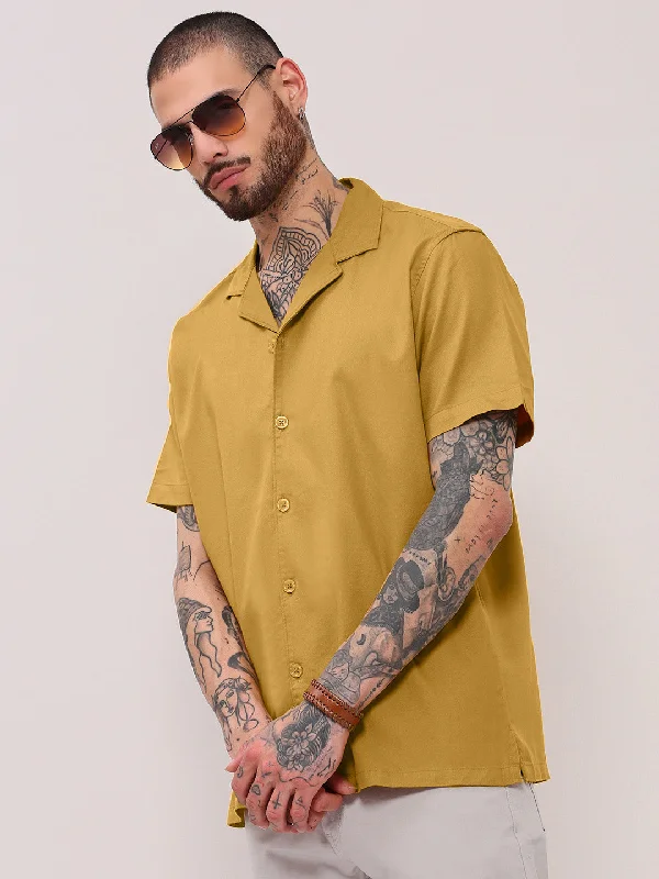 Men's Short - Sleeve Linen Casual Shirts in Light Khaki for a Breathable Summer OptionMen Mustard Solid Cuban Collar Shirt
