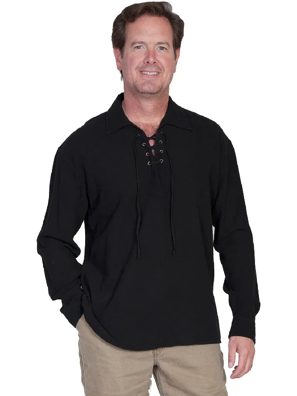 Plus Size Men's Plaid Flannel Casual Shirts in Earth Tones for a Cozy Fall OutfitScully Cantina Mens Black 100% Cotton Laceup Pullover Shirt