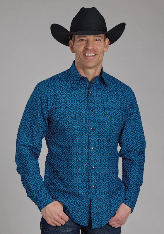 Men's Distressed Denim Casual Shirts with Frayed Edges for a Trendy and Rugged LookRoper Mens 2181 Aztec Tile Blue 100% Cotton L/S Shirt Men's Distressed Denim Casual Shirts with Frayed Edges for a Trendy and Rugged LookRoper Mens 2181 Aztec Tile Blue 100% Cotton L/S Shirt