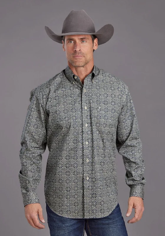 Men's Shearling - Lined Collar Casual Shirts in Brown for a Rustic and Warm AppealStetson Mens 2138 Medallion Print Blue 100% Cotton 1 Pkt L/S Shirt
