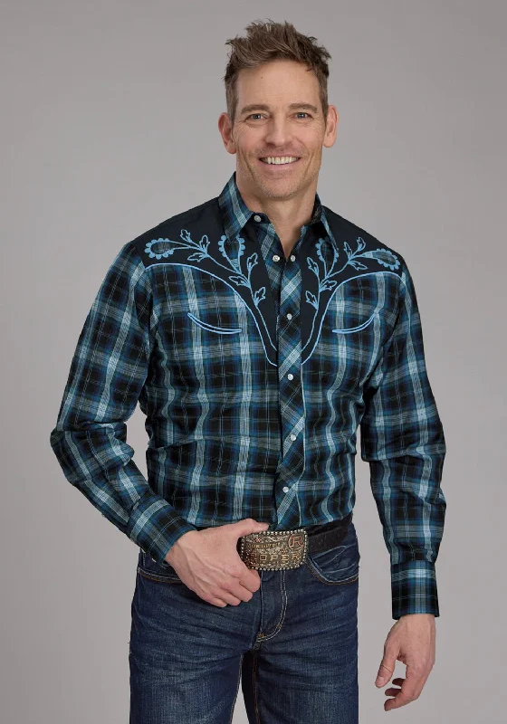 Men's Long - Line Oversized Casual Shirts in Dark Gray for a Relaxed and Modern LookRoper Mens 2128 Windowpane Multi Blue Cotton Blend L/S Shirt
