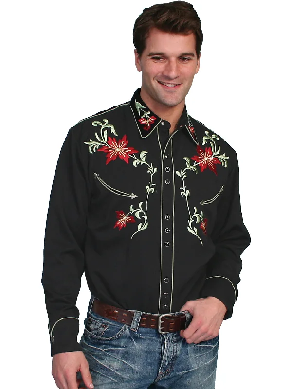 Men's Two - Tone Contrast Panel Casual Shirts in White and Navy for a Stylish and Eye - Catching DesignScully Mens Shirt Western Black Poly Blend Embroidered Floral Arrow L/S XL