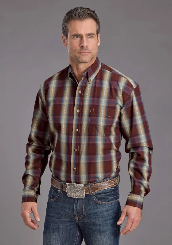 Men's Linen Blend Casual Shirts with Roll - Up Sleeves for a Summer Beach LookStetson Mens Red Rock Dobby Plaid Wine 100% Cotton 1 Pkt L/S Shirt