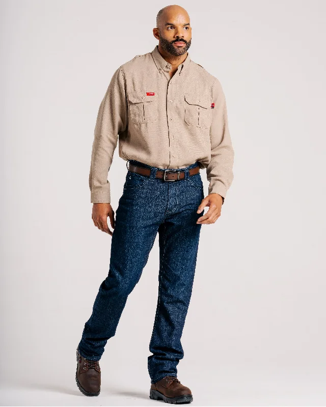 Men's Short - Sleeve Linen Casual Shirts in Light Khaki for a Breathable Summer OptionFR Modern Uniform Shirt | 5oz. Tecasafe® One Inherent | Khaki