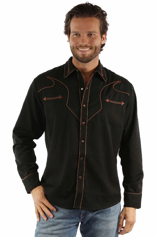 Men's Distressed Denim Casual Shirts with Frayed Edges for a Trendy and Rugged LookScully Mens Brown Piping Black Poly/Rayon L/S Shirt