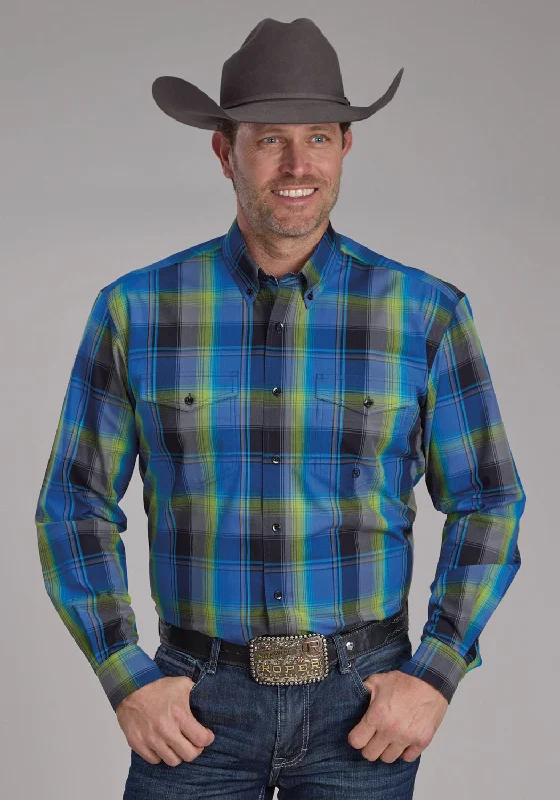 Men's Sustainable Recycled Material Casual Shirts for Eco - Conscious ConsumersRoper Mens 2247 Cobalt Plaid Blue 100% Cotton Btn L/S Shirt