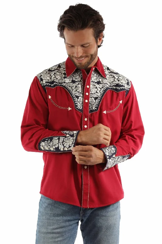 Men's Short - Sleeve Linen Casual Shirts in Light Khaki for a Breathable Summer OptionScully Mens Floral Tooled Embroidery Red/White/Blue Poly/Rayon L/S Shirt