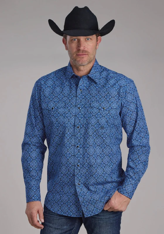 Men's Distressed Denim Casual Shirts with Frayed Edges for a Trendy and Rugged LookRoper Mens 2251 Sapphire Ornamental Blue 100% Cotton L/S Shirt