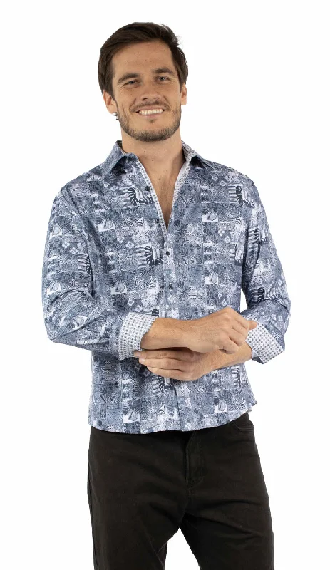 Men's Slim - Fit Printed Floral Casual Shirts in Pastel Colors for a Spring - Inspired VibeScully Mens Polynesian Dress Blue Poly/Rayon L/S Shirt