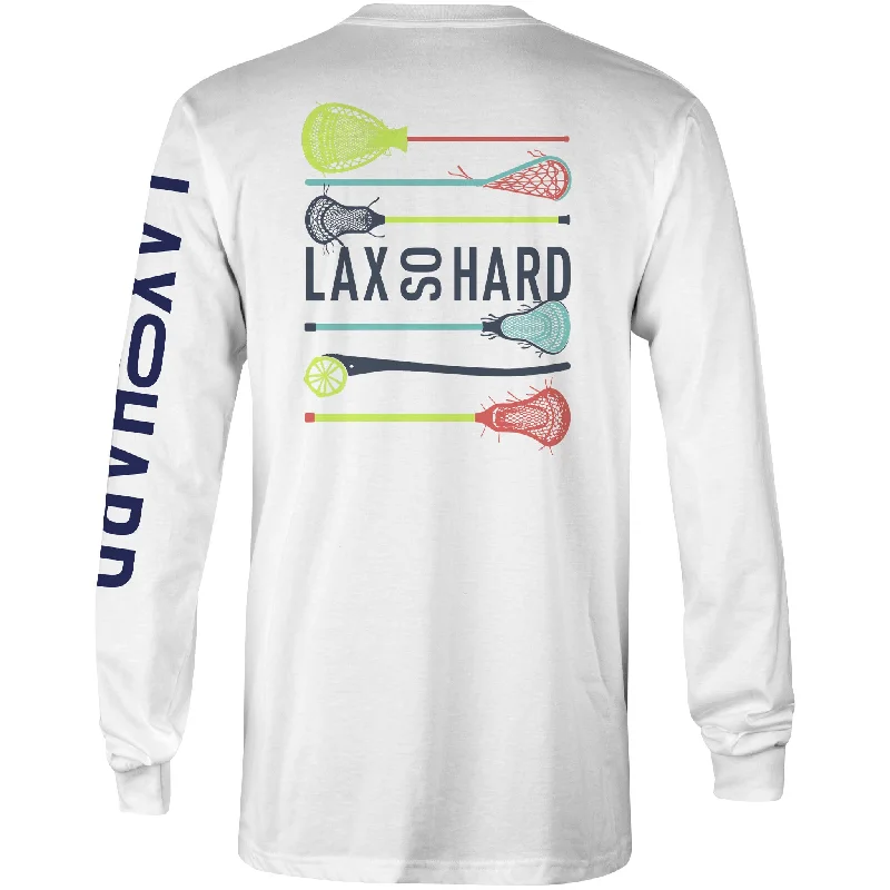 Men's Distressed Denim Casual Shirts with Frayed Edges for a Trendy and Rugged LookMens Lacrosse Stick Colors Long Sleeve T-Shirt - White