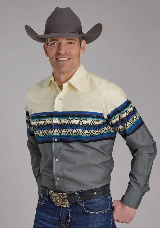 Men's Stretch - Fabric Casual Shirts in Navy Blue for a Comfortable and Flexible FitRoper Mens Retro Diamond Border Blue 100% Cotton L/S Shirt