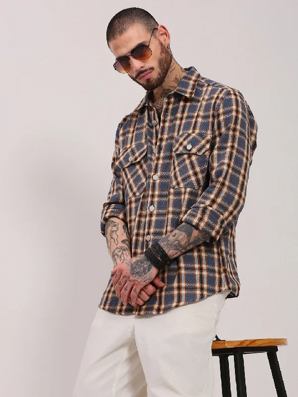 Men's Linen Blend Casual Shirts with Roll - Up Sleeves for a Summer Beach LookMen Grey Checked Shacket
