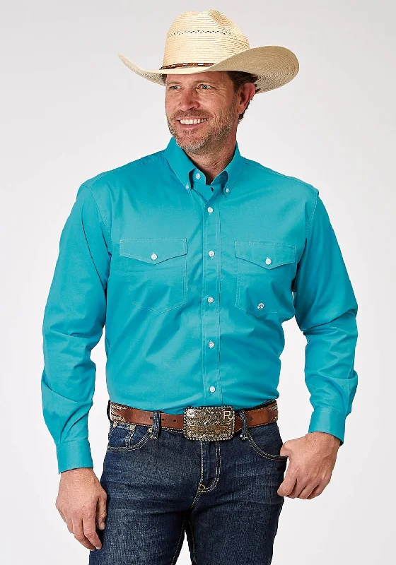 Men's Distressed Denim Casual Shirts with Frayed Edges for a Trendy and Rugged LookRoper Mens 1943 Solid Poplin Turquoise Cotton Blend Btn L/S Shirt