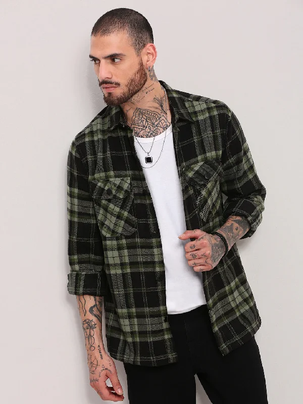 Men's Wrinkle - Resistant Polyester Blend Casual Shirts for Easy Travel and MaintenanceMen Green Checked Shacket