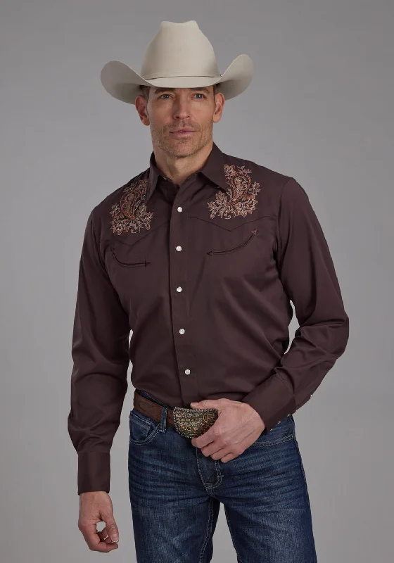 Men's Sustainable Recycled Material Casual Shirts for Eco - Conscious ConsumersRoper Mens Paisley Western Brown Poly/Rayon L/S Shirt