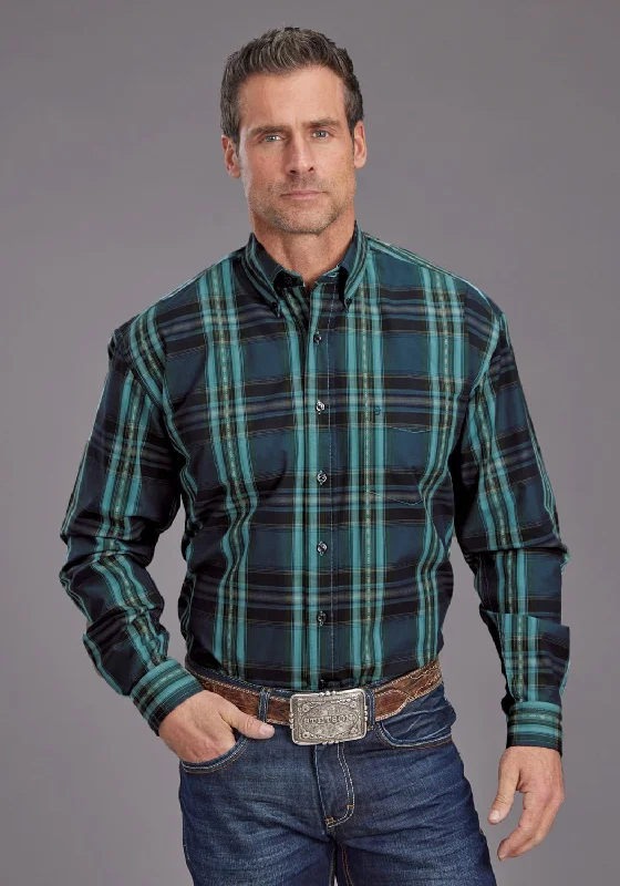 Men's Shearling - Lined Collar Casual Shirts in Brown for a Rustic and Warm AppealStetson Mens 2147 Lake Dobby Blue/Green 100% Cotton Btn L/S Shirt