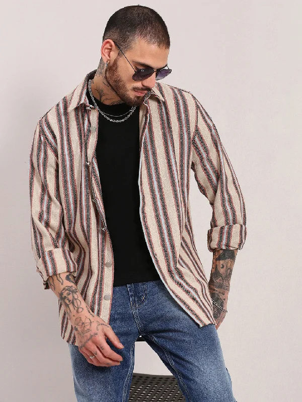 Men's Two - Tone Contrast Panel Casual Shirts in White and Navy for a Stylish and Eye - Catching DesignMen Beige Striped Shacket