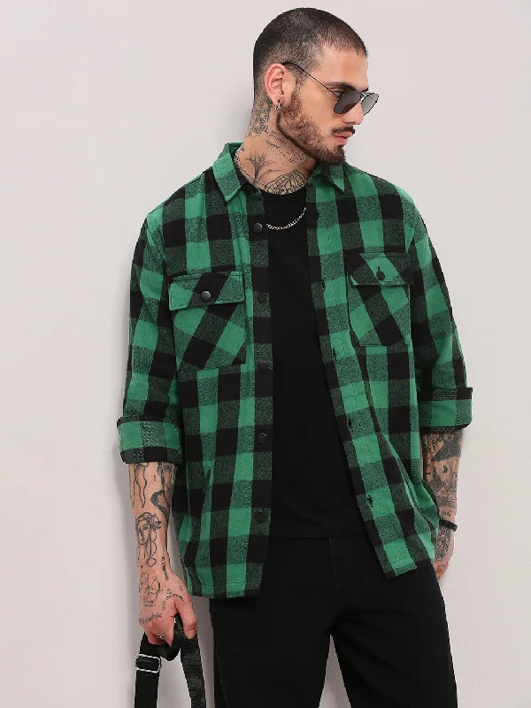Plus Size Men's Plaid Flannel Casual Shirts in Earth Tones for a Cozy Fall OutfitMen Green Checked Shacket