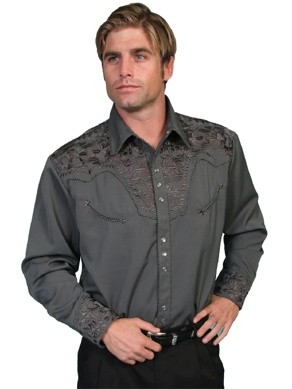 Men's Distressed Denim Casual Shirts with Frayed Edges for a Trendy and Rugged LookScully Western Mens Charcoal Polyester L/S Big Tooled Floral Western Shirt