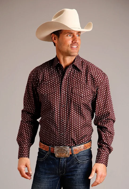 Men's Moisture - Wicking Performance Fabric Casual Shirts for Outdoor ActivitiesStetson Mens Geometric Sunburst Wine 100% Cotton L/S Shirt