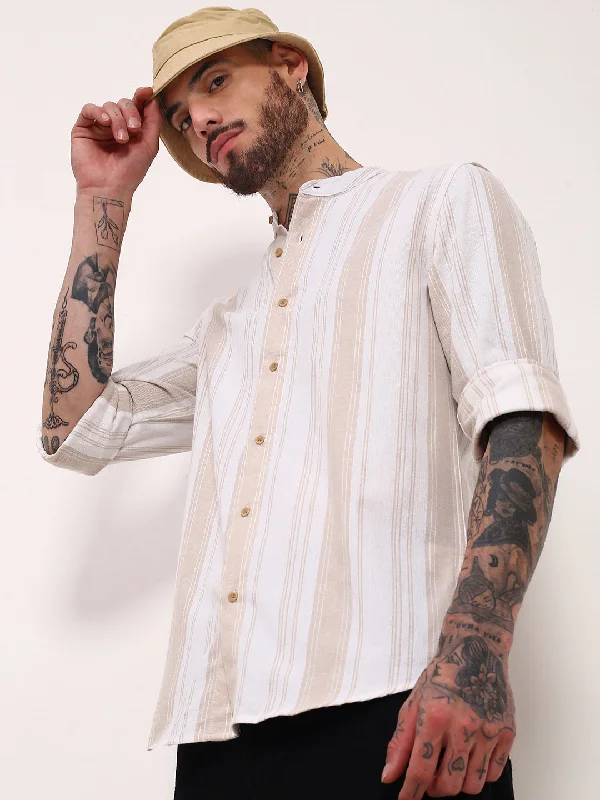 Men's Graphic - Printed Casual Shirts with Pop - Culture References for a Fun and Stylish LookMen Cream Striped Slim Fit Shirt Men's Graphic - Printed Casual Shirts with Pop - Culture References for a Fun and Stylish LookMen Cream Striped Slim Fit Shirt