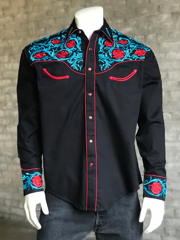 Men's Retro - Style Hawaiian Print Casual Shirts in Bold Patterns for a Tropical VacationRockmount Mens Black 100% Cotton Red Floral Vintage Turquoise L/S Shirt Men's Retro - Style Hawaiian Print Casual Shirts in Bold Patterns for a Tropical VacationRockmount Mens Black 100% Cotton Red Floral Vintage Turquoise L/S Shirt