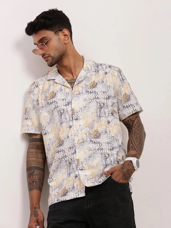 Men's Two - Tone Contrast Panel Casual Shirts in White and Navy for a Stylish and Eye - Catching DesignMen Yellow Graphic Cuban Collar Shirt Men's Two - Tone Contrast Panel Casual Shirts in White and Navy for a Stylish and Eye - Catching DesignMen Yellow Graphic Cuban Collar Shirt