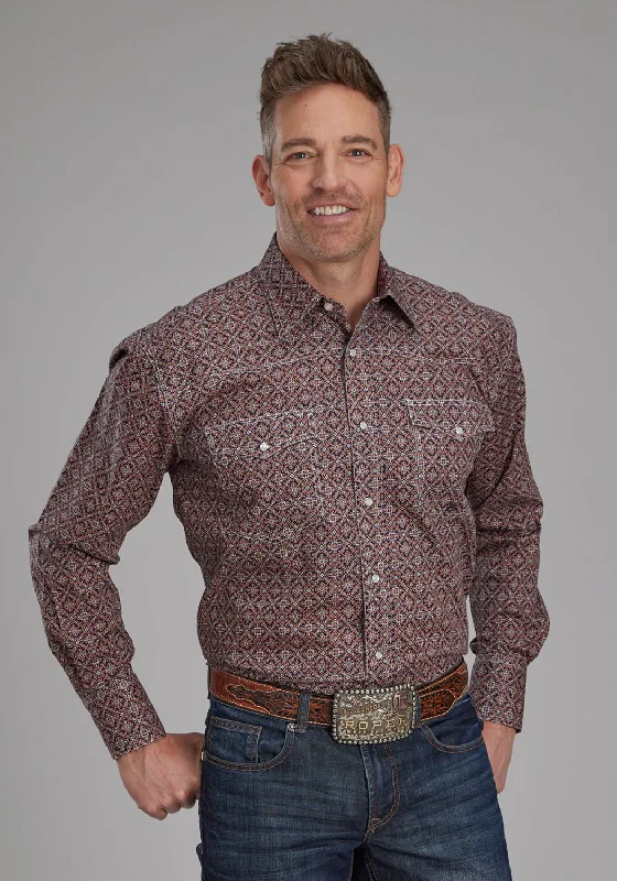 Plus Size Men's Plaid Flannel Casual Shirts in Earth Tones for a Cozy Fall OutfitRoper Mens Ginger Foulard Brown 100% Cotton L/S Shirt