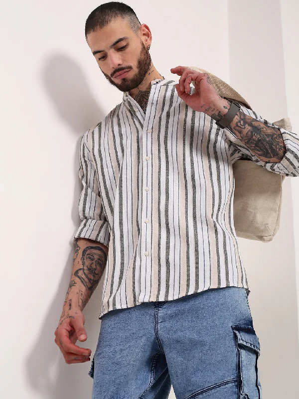 Men's Button - Down Oxford Casual Shirts in Crisp White for a Classic and Versatile StyleMen Off White Striped Slim Fit Shirt Men's Button - Down Oxford Casual Shirts in Crisp White for a Classic and Versatile StyleMen Off White Striped Slim Fit Shirt