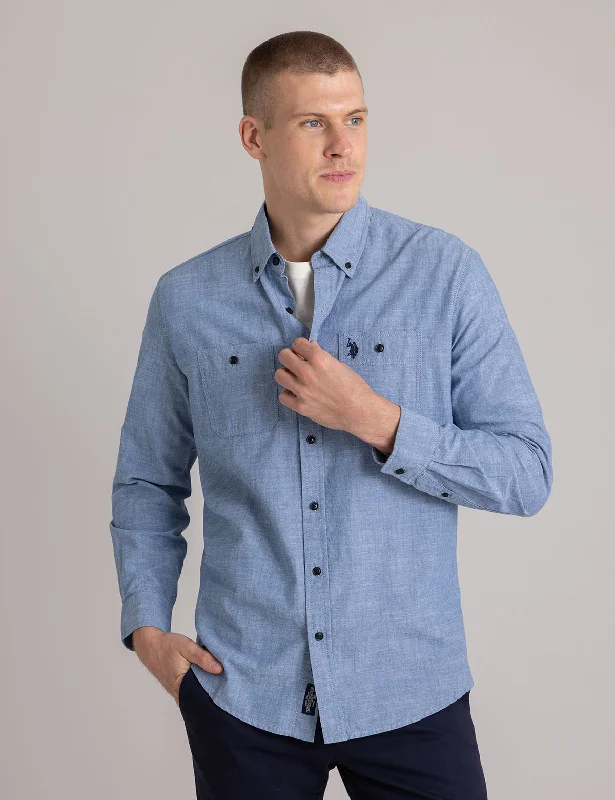 Men's Stretch - Fabric Casual Shirts in Navy Blue for a Comfortable and Flexible FitCOTTON CANVAS LONG SLEEVE SHIRT Men's Stretch - Fabric Casual Shirts in Navy Blue for a Comfortable and Flexible FitCOTTON CANVAS LONG SLEEVE SHIRT