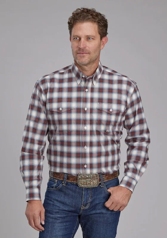 Men's Stretch - Fabric Casual Shirts in Navy Blue for a Comfortable and Flexible FitRoper Mens 2164 Stretch Plaid Brown Cotton Blend Btn L/S Shirt