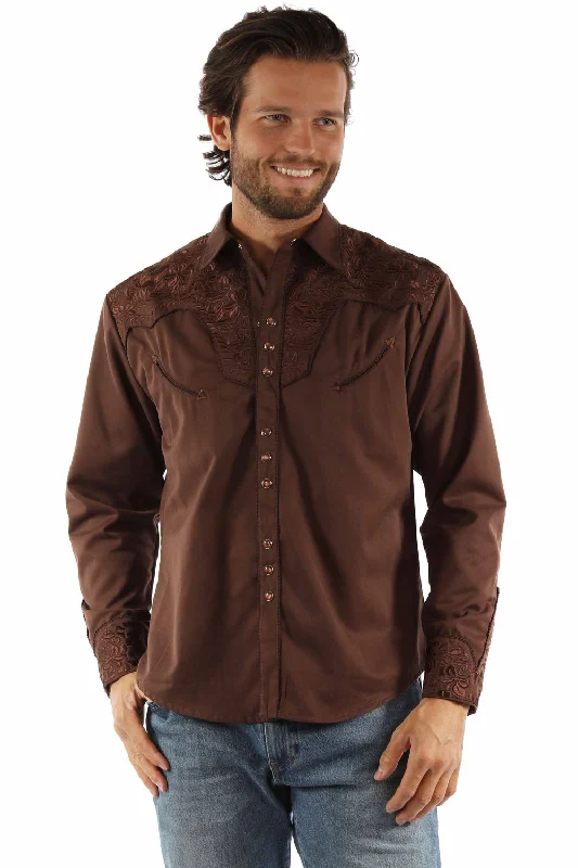 Men's Long - Line Oversized Casual Shirts in Dark Gray for a Relaxed and Modern LookScully Mens Floral Tooled Embroidery Mocha Poly/Rayon L/S Shirt M