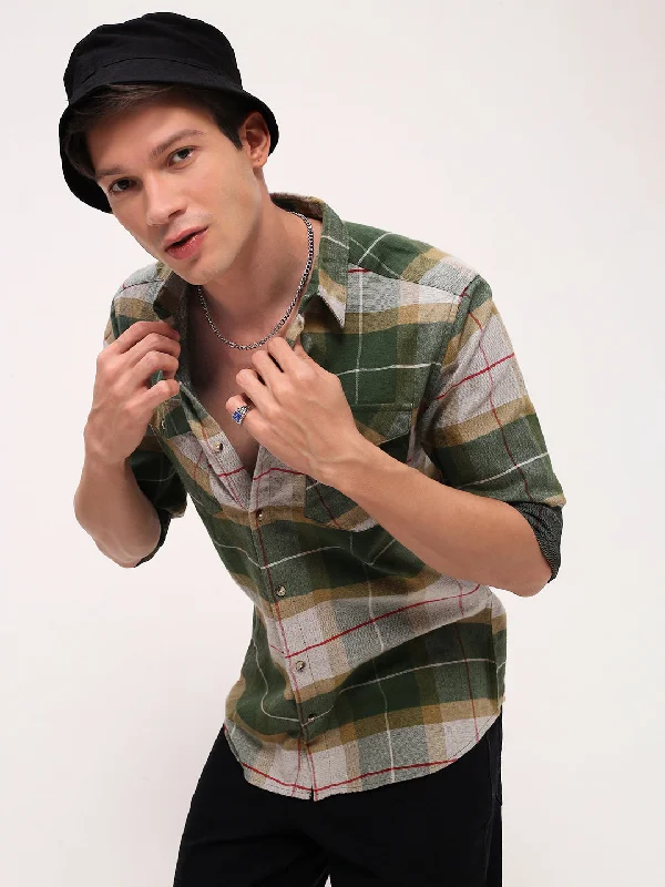 Men's Graphic - Printed Casual Shirts with Pop - Culture References for a Fun and Stylish LookMen Green Checked Slim Fit Shirt Men's Graphic - Printed Casual Shirts with Pop - Culture References for a Fun and Stylish LookMen Green Checked Slim Fit Shirt