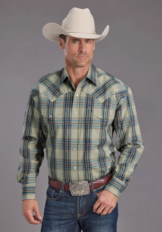 Plus Size Men's Striped Chambray Casual Shirts with a Spread Collar for a Preppy AppearanceStetson Mens Vintage Indigo Plaid Blue 100% Cotton L/S Shirt