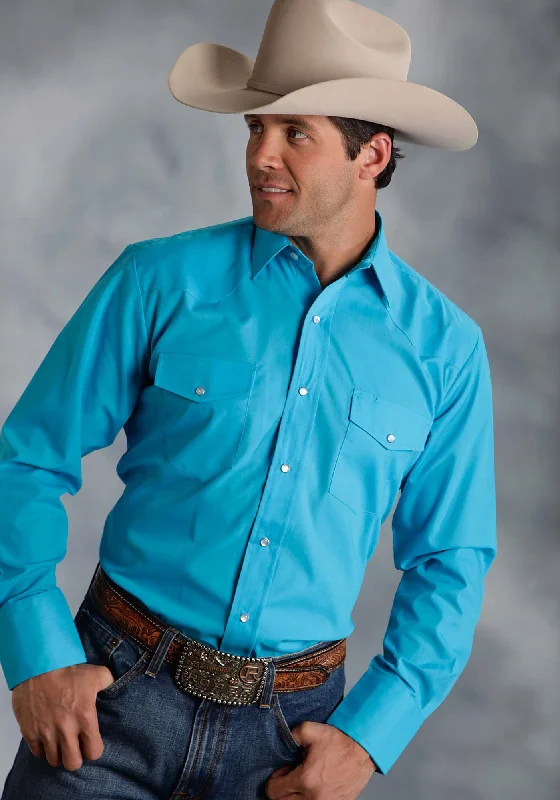 Men's Short - Sleeve Linen Casual Shirts in Light Khaki for a Breathable Summer OptionRoper Mens 9839 Broadcloth Turquoise Cotton Blend L/S Shirt
