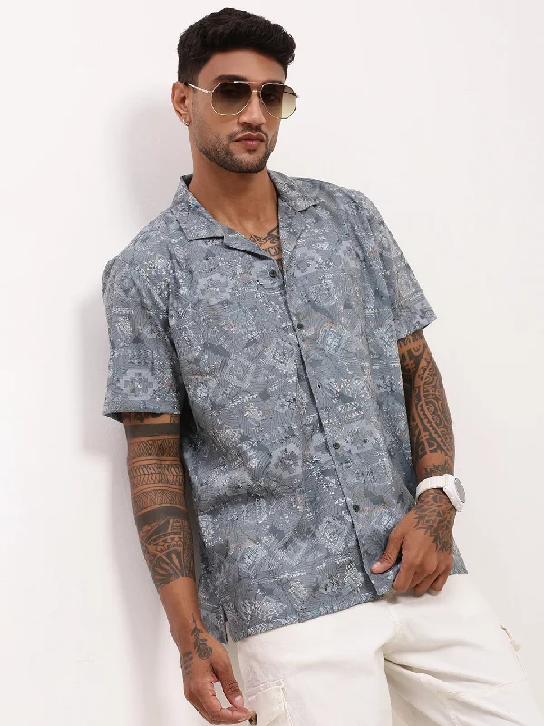 Plus Size Men's Striped Chambray Casual Shirts with a Spread Collar for a Preppy AppearanceMen Grey Geometric Cuban Collar Shirt Plus Size Men's Striped Chambray Casual Shirts with a Spread Collar for a Preppy AppearanceMen Grey Geometric Cuban Collar Shirt