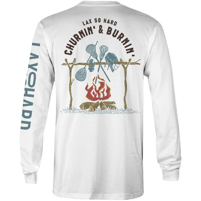 Plus Size Men's Striped Chambray Casual Shirts with a Spread Collar for a Preppy AppearanceMens Churnin & Burnin Lacrosse Long Sleeve T-Shirt - White
