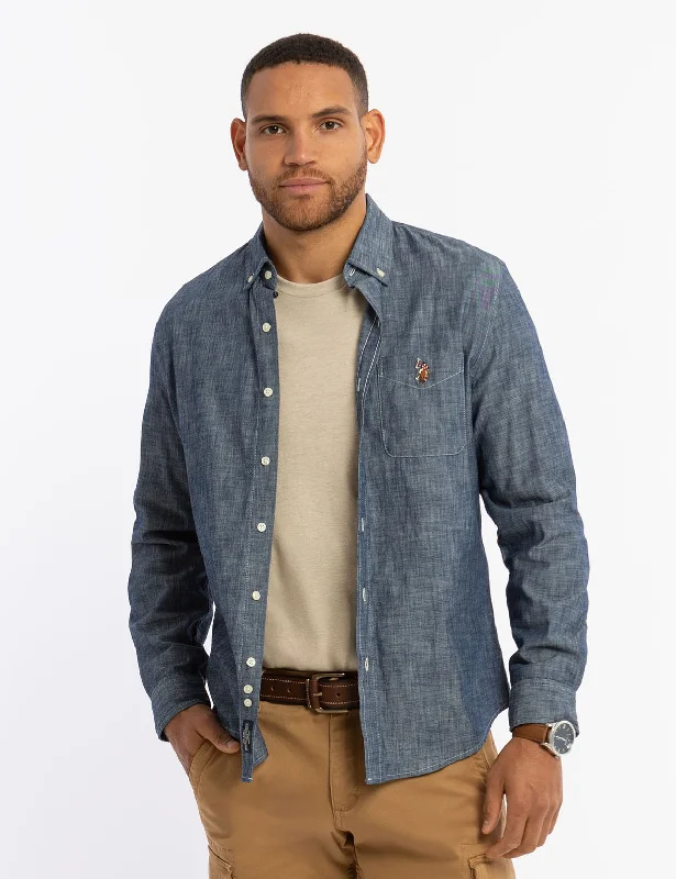 Men's Stretch - Fabric Casual Shirts in Navy Blue for a Comfortable and Flexible FitINDIGO SLUB CHAMBRAY LONG SLEEVE SHIRT Men's Stretch - Fabric Casual Shirts in Navy Blue for a Comfortable and Flexible FitINDIGO SLUB CHAMBRAY LONG SLEEVE SHIRT
