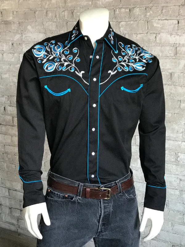 Men's Wrinkle - Resistant Polyester Blend Casual Shirts for Easy Travel and MaintenanceRockmount Mens Black 100% Cotton Prairie Blue Western L/S Shirt Men's Wrinkle - Resistant Polyester Blend Casual Shirts for Easy Travel and MaintenanceRockmount Mens Black 100% Cotton Prairie Blue Western L/S Shirt