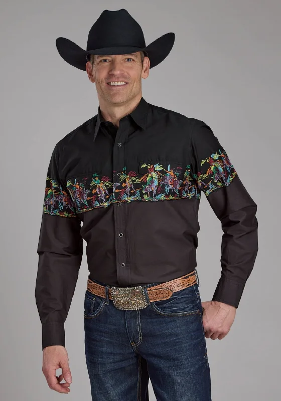 Men's Retro - Style Hawaiian Print Casual Shirts in Bold Patterns for a Tropical VacationRoper Mens Scribble Bullriders Black 100% Cotton L/S Shirt