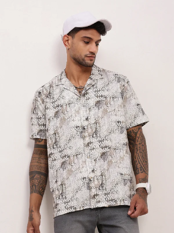 Men's Wrinkle - Resistant Polyester Blend Casual Shirts for Easy Travel and MaintenanceMen Cream Geometric Cuban Collar Shirt Men's Wrinkle - Resistant Polyester Blend Casual Shirts for Easy Travel and MaintenanceMen Cream Geometric Cuban Collar Shirt